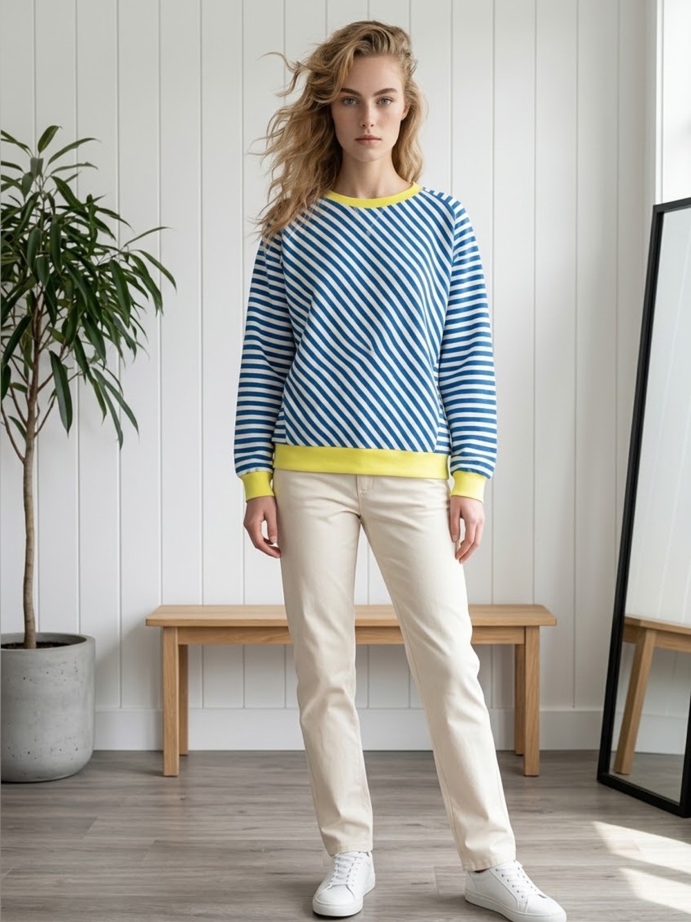 UEU Womens Small Blue White Striped Oversized Sweatshirt Yellow Trim Pullover NW